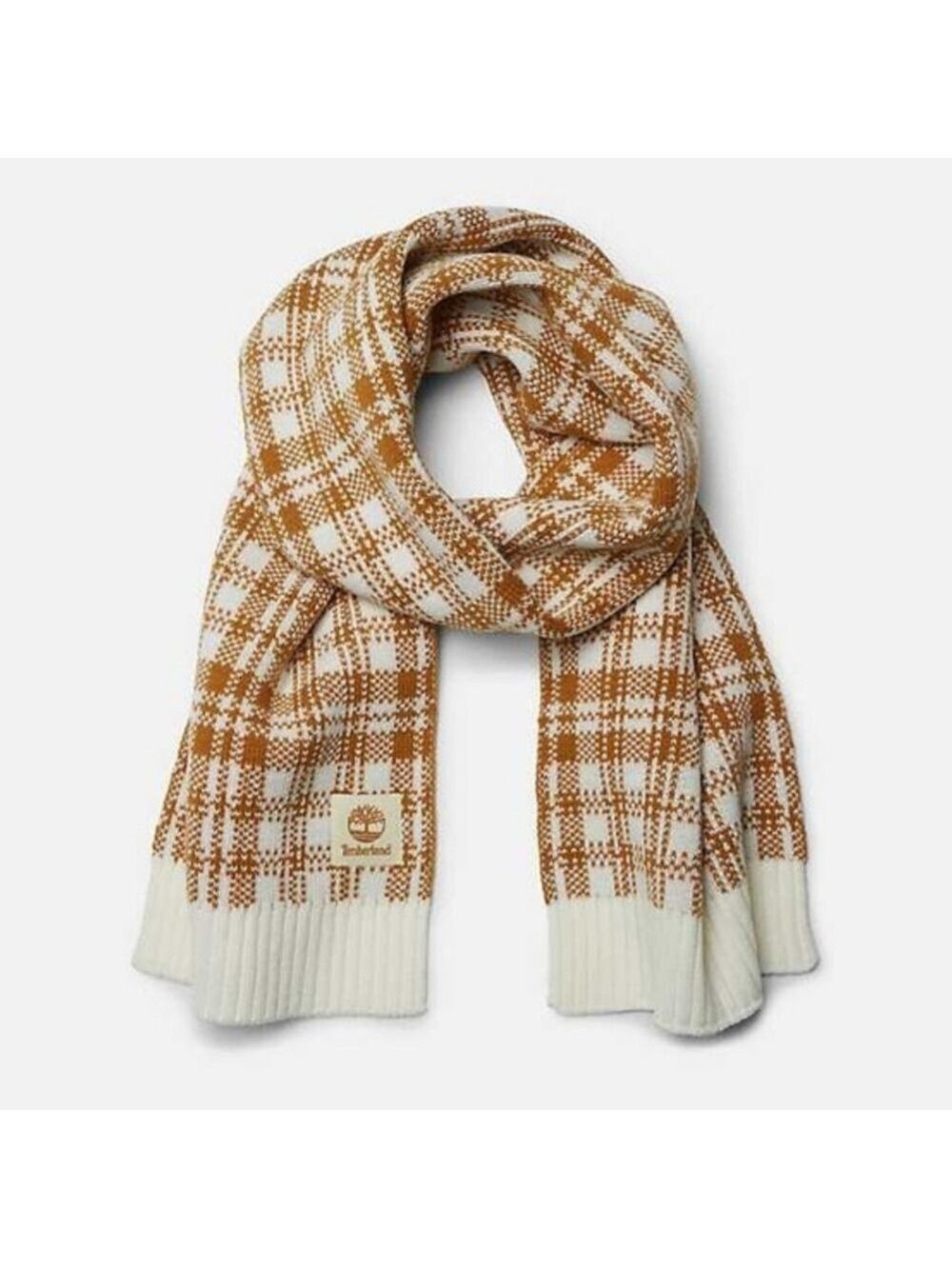 New Timberland Buffalo Plaid Knit Scarf Tan White Warm Winter Cozy Preppy